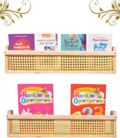 Resim metre dizayn Ahşap Hazeran Rattan Duvar Rafı Çocuk Odası Montessori Kitaplık Raf 45cm 