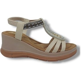 Resim İzlife 137 Kadın Krem Lastikli Taşlı Tokalı Dolgu Taban Sandalet Ayakkabı Krem 