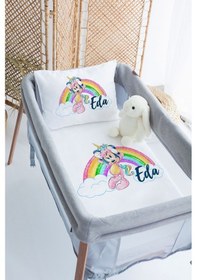 Resim Lilabio %100 Pamuk Saten İsme Özel İsimli 70x120 Park Yatak Nevresim Seti Minnie Ve Gökkuşağı 