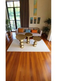 Resim Ahşap Mantar Sehpa 3 Lü Altın Renk Masif Doğal Zigon Ve Fiskos Takımı Kahverengi 