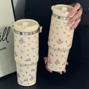 Resim 1 adet 30Oz Pembe ve Mor Çiçek Desenli İzoleli Bardak - Dayanıklı, Yeniden Kullanılabilir Su Şişesi Yaz Susuzluğu İçin | Vintage Tarzı Paslanmaz Çelik Bardak Okul Sezonu, Düğünler, Partiler, Noel, Anneler Günü, Doğum Günü Hediyeleri İçin 