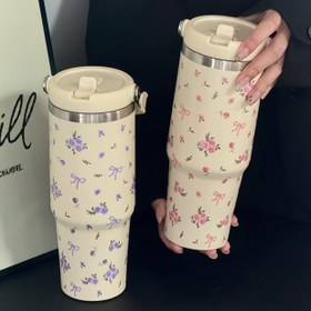 Resim 1 adet 30Oz Pembe ve Mor Çiçek Desenli İzoleli Bardak - Dayanıklı, Yeniden Kullanılabilir Su Şişesi Yaz Susuzluğu İçin | Vintage Tarzı Paslanmaz Çelik Bardak Okul Sezonu, Düğünler, Partiler, Noel, Anneler Günü, Doğum Günü Hediyeleri İçin 