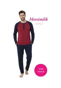 Resim Erkek Siyah 3 Düğmeli %100 Pamuk Mevsimlik Uzun Kol Cepli Pijama Takımı Kırmızı 