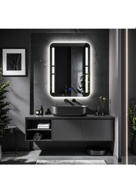 Resim Drayno Beyaz Led'li Lazer Kumlamalı Lavabo & Banyo Aynası Dokunmatik Sensörlü 65 X 90 Cm 