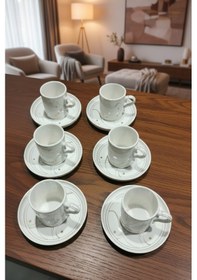Resim 6 Kişilik Modern Nokta Desen Krem Yaldızlı Porselen Kahve Fincan Takımı 12 Parça 
