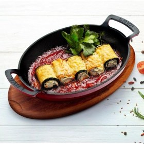 Resim Lava Oval Kulplu Tava Ahşap Altlıklı 27x20 Kırmızı 
