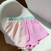 Resim Kadınlar İçin Şık Üç Tonlu Çizgili Kontrast Renk Blok Şort - Pastel Pembe, Nane Yeşili & Lavanta Dikey Çizgilerle, Esnemez Makinede Yıkanabilir Kumaş, Günlük ve Yarı Resmi Giyim için Sezonluk Moda, Elastik Bel 