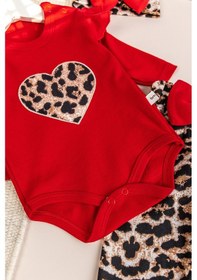 Resim Babymod Leopar Desenli 3'lü Pamuklu Kız Bebek Takım Set Kırmızı 