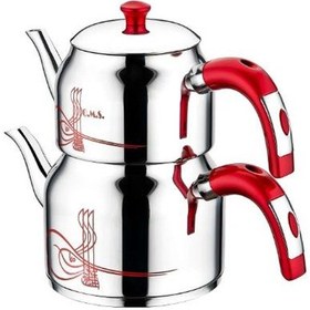 Resim Oms Collection 8043 M 4 Parça Paslanmaz Çelik Osmanlı Tuğralı Çaydanlık Kırmızı 
