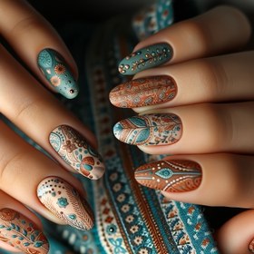 Resim 24 Adet Antik Yaprak Tasarımı Press-On Tırnaklar, Bale Bilekliği, Orta Uzunluk, Karma Renk Sistemi, Parlak Son Kat, Parti ve Günlük Giyim İçin 