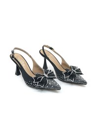 Resim Feles Saten Kurdela Taş Detaylı Arkası Açık Stiletto Kadın Topuklu Ayakkabı Siyah 