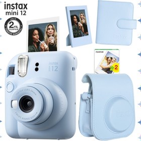 Resim Instax mini 12 Mavi Fotoğraf Makinesi-20'li Film-Çerçeve-Kare Albüm ve Deri Kılıf Seti 