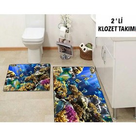 Resim Else Halı 3 Boyutlu Deniz Balikli Klozet Takımı Banyo Paspas 