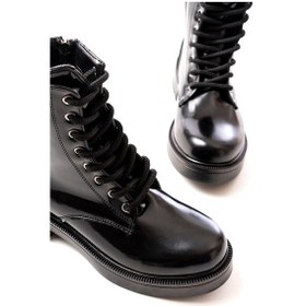 Resim 02-356 Siyah Rugan Düz Topuklu Bağcıklı Fermuarlı Günlük Kadın Bot Acı Kahverengi 