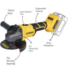 Resim RTRMAX RTS5050B Şarjlı Avuç Taşlama Makinası Kömürsüz 125 mm 8.500 Rpm - Akü Hariç 