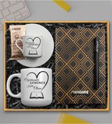Resim Kişiye Özel Öğretmenler Günü Hediye Seti Oval Kupa & Türk Kahve Fincanı & Gold Defter & Roller Kalem & Kahve 