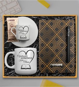 Resim Kişiye Özel Öğretmenler Günü Hediye Seti Oval Kupa & Türk Kahve Fincanı & Gold Defter & Roller Kalem & Kahve 