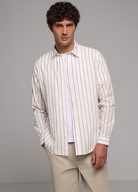Resim Regular Fit Shirt Neck Çizgili Erkek Bej Uzun Kol Gömlek Colin's