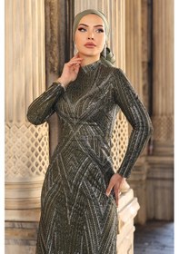 Resim Raika Moda Gala Parıltılı Şık Tesettür Abiye Haki 