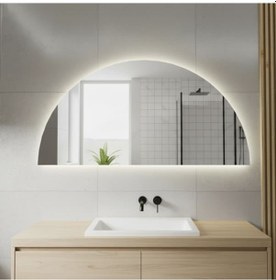 Resim 55x110 Cm Yarım Oval Led Banyo Aynası Dokunmatik Sensörlü, Dimmerli, 3000k Günışıklı Modern Duvar Aynası Sarı 
