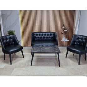 Resim Azra Mobilya Deri Çay Seti Koltuk Takımı + Sehpa - Oturma Grubu - Cafe Mobilya - Ofis Mobilya - Balkon Mobilya Siyah 