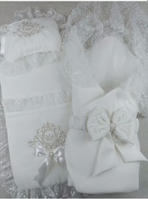 Resim Yenidoğan Bambu Taç Nakışlı Kundaklı Trilüks 3lü Alt Açma Seti Ekru Ekru 