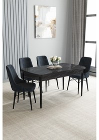 Resim Jusie Siyah Mermer Desen 80x132 Açılabilir Yemek Odası Takımı 4 Adet Sandalye Antrasit 