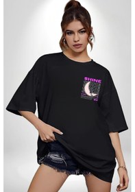 Resim Parlasol Yan Siyah Kedi Siyah Oversize Unisex Ön Sol Yan Minimal Baskılı Tişört Koyu Siyah 