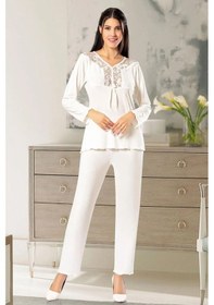 Resim Faal 8611 Kadın Uzun Kollu Dantel Detaylı Pijama Takımı-ekru Ekru 
