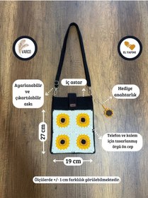 Resim Aksesuarsepeti El Yapımı Ayçiçek Desenli Motifli Astarlı Taşıma Askılı Cepli Kadın Tablet Çantası Kitap Çantası Siyah 