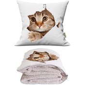 Resim Sevimli Kedi Desenli İç Dolgusu Battaniyeli Araç İçi Opsiyonel Yastık 36x36cm 