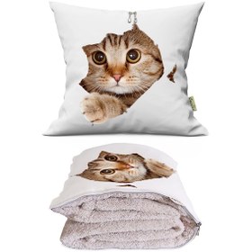 Resim Sevimli Kedi Desenli İç Dolgusu Battaniyeli Araç İçi Opsiyonel Yastık 36x36cm 