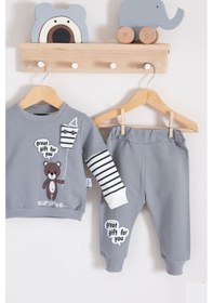 Resim Babydonat Gift For You Desenli 2'li % 100 Pamuk Erkek Bebek Takımı Gri 