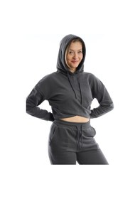 Resim Kadın Kruvaze Detaylı Kapüşonlu Crop Sweat Antrasit 