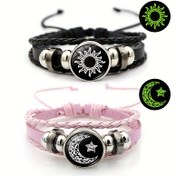 Resim 2'li Set Yeni Parlayan Güneş Ay Aşıklar Zamanı Taş Bileklik Kadınlar ve Erkekler için, Retro Punk El Yapımı Çok Katmanlı Boncuklu Dokuma PU Deri Bileklik, Çiftler İçin Hediye 