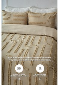 Resim Pamuklu Sasha Kabartmalı Yatak Örtüsü Takımı Günlük Çift Kişilik Boho 3 Parça Elyaf Dolgulu Bej 