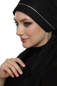 Resim Elysianfidan Incili Tüllü Bağlamalı Tül Kaplamalı Dantelli Şerit Taş Işlemeli Siyah Dış Bone Tesettür Abiye Siyah-gümüş 