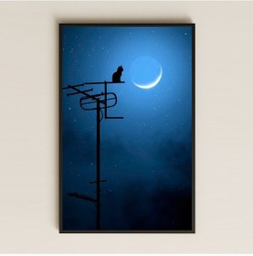Resim Gece Ay Işığında Anten Üzerinde Kedi Silueti Pleksi Tablo 