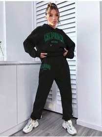 Resim Unisex California Baskılı Kapüşonlu Sweatshirt + Eşofman Altı Jogger Eşofman Takımı Siyah 