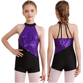 Resim Mor Bale Mayoları Kızlar İçin Parlak Payetler Kolsuz Halter Boyun Kısa Tulum Caz Latin Dans Kostümü Mor 