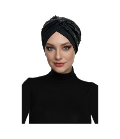 Resim Elysianfidan Özel Tasarım Siyah Pullu-dantel Çiçek Motifli Astarlı Hazır Türban Tesettür Abiye Bone Siyah26 