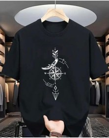 Resim Panda Baskı Tekstil Pusula Kartal Baskılı Özel Tasarım Oversize Tshirt Siyah 