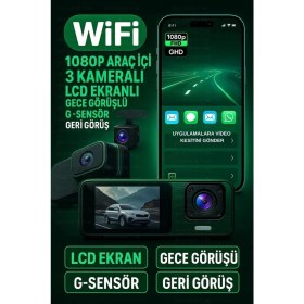 Resim Dekofon Wifi 1080P Araç Içi 3 Kameralı LCD Ekranlı Gece Görüşlü , G-Sensör , Geri Görüş Kamera 