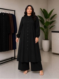 Resim soBasic Büyük Beden Tesettür İkili Takım Çilek Kumaş Rahat Kalıp Beli Lastikli Pantolonlu Tunik Takım 