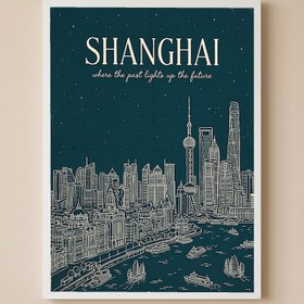 Resim Shanghai Line Art Print - Teal Oriental Pearl Tower The Bund Skyline Wall Art - Wooden Frame - White / 24 x 36" (60x90 cm) 