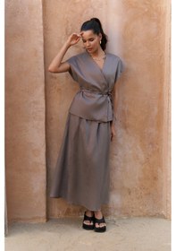 Resim Mai Collection Mai Studios Co. Fiametta Salaş Füme Keten Yelek Etek Takım Füme 