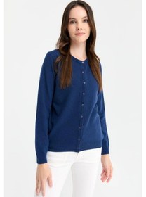 Resim Desen Triko Kadın Sıfır Yaka Triko Yün Hırka 21031 Indigo Indigo 