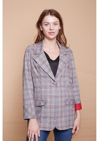 Resim Ekoseli Yakalı Kolu Katlamalı Cep Kapaklı Boyfriend Hafif Likralı Kumaş Blazer Ceket-bordo Ekose Bordo Eks. 