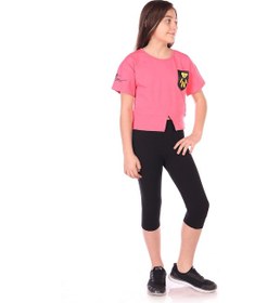 Resim Toontoy Kids Toontoy Kız Çocuk 2'li Takım Baskılı Bisiklet Yaka T-shirt & Beli Lastikli Crop Tayt - Yırtmaç Detaylı Fuşya 
