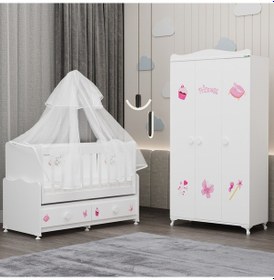 Resim Elegant Beşik Ve Yıldız 3 Kapaklı Dolap Yatak Uykuseti - Prenses Beyaz 